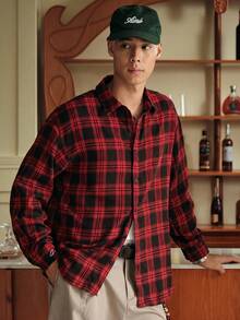 SWAVVY 1 pieza Camisa de algodón ultra holgada con estampado a cuadros y hombros caídos - Rojo - Ver 5