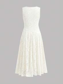 SHEIN Tween Girls Kids Casual Elegant Fashion Versatile Daily Lace Round Neck Asymmetrical Design Sleeveless Long Dress, Back To School Outfit, Outing Outfit, White Lace Dress, Spring Summer Autumn Outfit, Graduation, Party Outfit - Beige - View 5