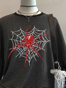 SHEIN EZwear 秋季新款電影熱門蜘蛛印花極簡黑白條紋落肩寬鬆女款衛衣，秋季上衣，適合日常通勤、派對、秋冬/夏季、聖誕節、新年、感恩節、派對、婚禮、海灘、畢業典禮、優雅、外出、約會、通勤、情人節、優雅、度假、Y2K、畢業 - 彩色 - 查看 5