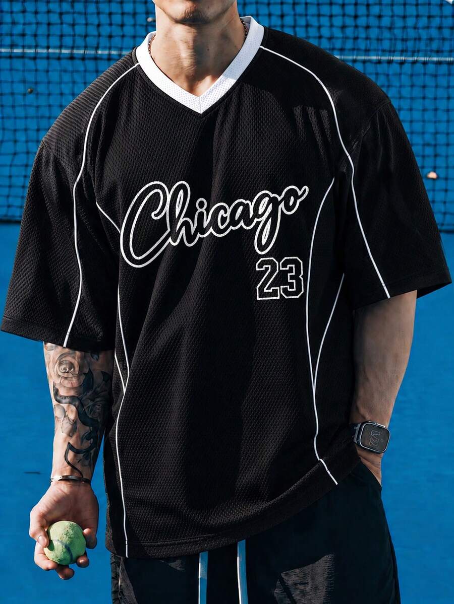 Gritte Field Men's Letter & Number Print Casual Daily Basketball Short Sleeve Top - Multicolor - View 1