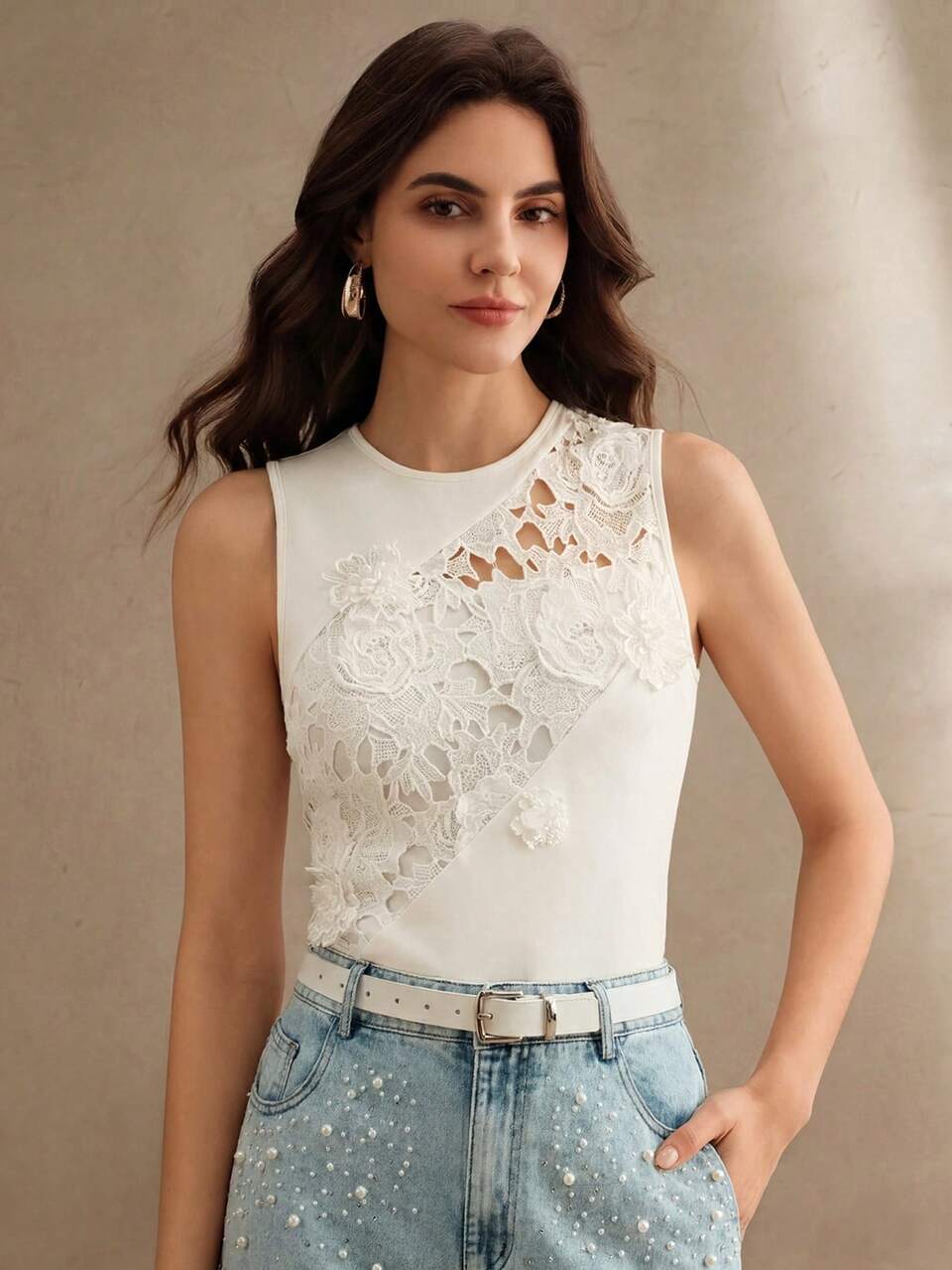 Women's Elegant Casual Vacation Round Neck Sleeveless Hollow Handmade 3D Flower Minimalist Commuter Tank Top
