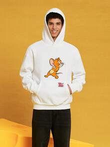 TOM & JERRY X SHEIN هوديي مطبوع بطبعة كرتونية قطعة واحدة، ملابس علوية بأكمام طويلة يناسب الجنسين - أبيض - مشاهدة 3