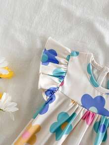 SHEIN Vintaside Kids 2026夏季新款女童彩色碎花荷葉袖洋裝，寬鬆A字娃娃裙，清新滿版碎花圓領公主裙，適合外出與拍照，小女孩夏季穿搭 - 杏色 - 查看 8