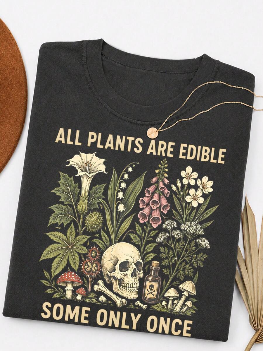 SHEIN 「所有植物皆可食用,有些僅限一次」舒適深灰色植物圖案哥德風頹廢鄉村風愛好者女款T恤,萬聖節、電音派對、夏季穿搭 - 灰色 - 查看 1