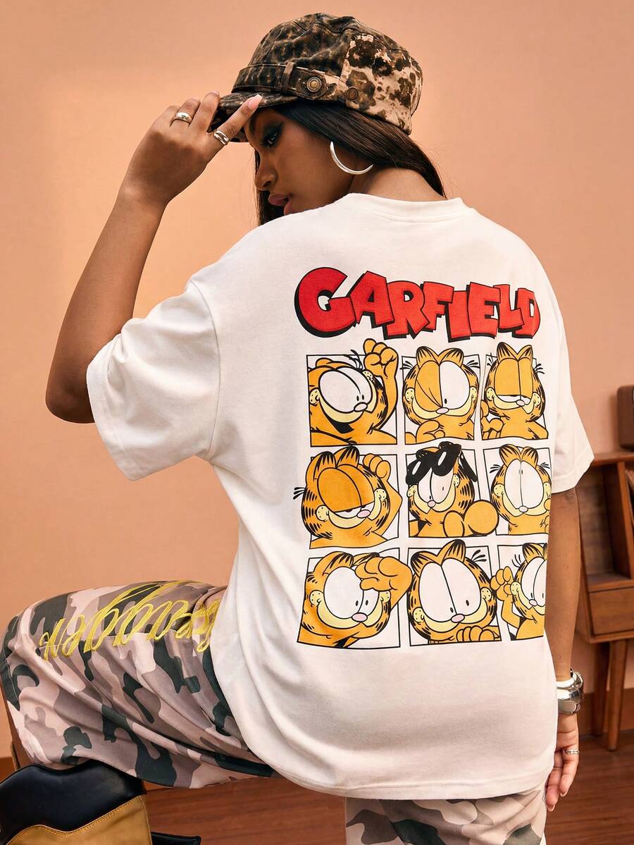 GARFIELD | SHEIN Women's Casual Streetwear Y2k Loose Fit Round Neck Drop Shoulder T-Shirt, Back-To-School School Beige Summer - White - View 1