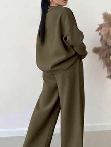 EMERY ROSE 2pcs/Set Women Plus Size Casual Solid Color Top & Pants Set Fall - Multicolor - View 2