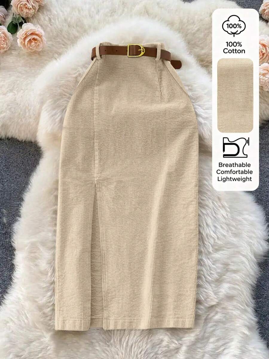 Franclia Beige Corduroy Mid-Length A-Line Skirt With Slit - Beige - View 1