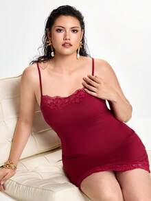 Slumbrini Sexy Spaghetti Strap Soft Lace Plus Size Nightgown - Burgundy - View 8
