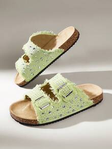 Solecia Sandalias planas de verano para mujer con diseño de borde rugoso con strass, hebilla ajustable y plantilla de corcho, para uso diario, playa y vacaciones - Verde claro - Ver 6