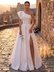 Glamrae Elegant White Glossy Satin Minimalist Asymmetric Shoulder Ruffle Sleeve Fitted Ruched Bodice High Waist Oversized A-Line Skirt With Train Side Slit - White - View 8