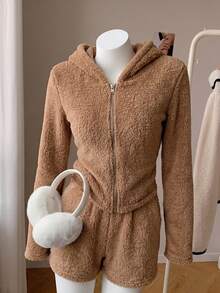 SHEIN EZwear 女款連帽拉鍊休閒百搭日常夾克 - 卡其色 - 查看 7