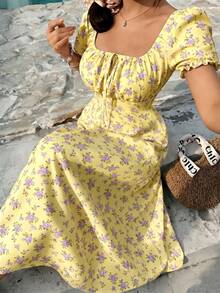 K-Vae Korean Style Orange Floral Puff-Sleeve Maxi Dress Women's Square Neck Ruched Slim-Fit Long Dress Sweet Vacation Summer Daily Streetwear - Pale Yellow - View 5