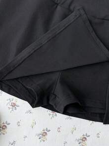 SHEIN 青少年女孩針織黑色貼身連身裙附內建內搭褲休閒裙 - 黑色 - 查看 3
