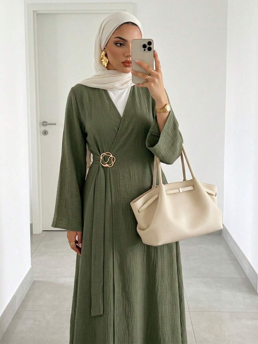 Solavon Abaya Arab Sederhana Wanita Lengan Panjang Warna Polos dengan Model Silang