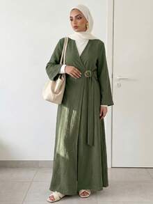 Solavon Abaya Arab Sederhana Wanita Lengan Panjang Warna Polos dengan Model Silang - Hijau - View 8