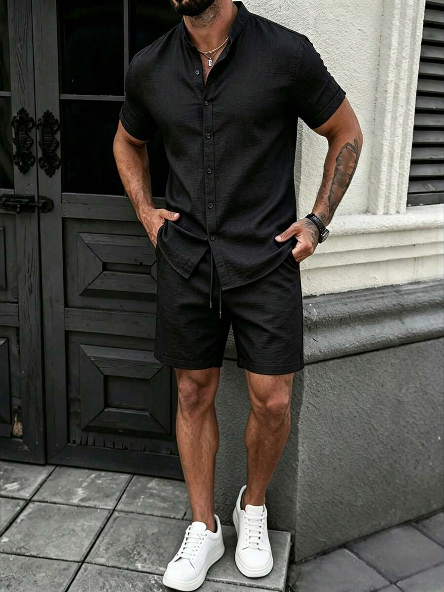 Manfinity Homme 男士純色夏季休閒度假短袖襯衫與短褲套裝 - 黑色 - 查看 1