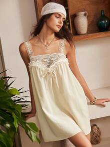 Lullawish Bohemian Vacation Style Lace Patchwork Bow Tie Strap Romantic Wedding Season Mini Home Women's Nightgown - Apricot - View 3