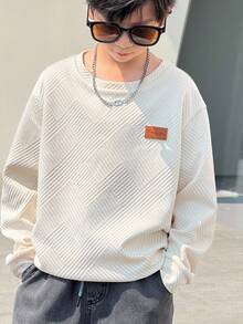 SHEIN Leap Crew 男孩休閒韓系簡約寬鬆紋理布料拼接舒適日常針織長袖衛衣，適合秋冬 - 白色 - 查看 6