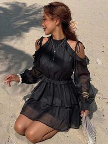 FRIFUL Women's Round Neck Shoulder Cutout Sweet Waist-Cinching A-Line Short Dress - Black - View 1