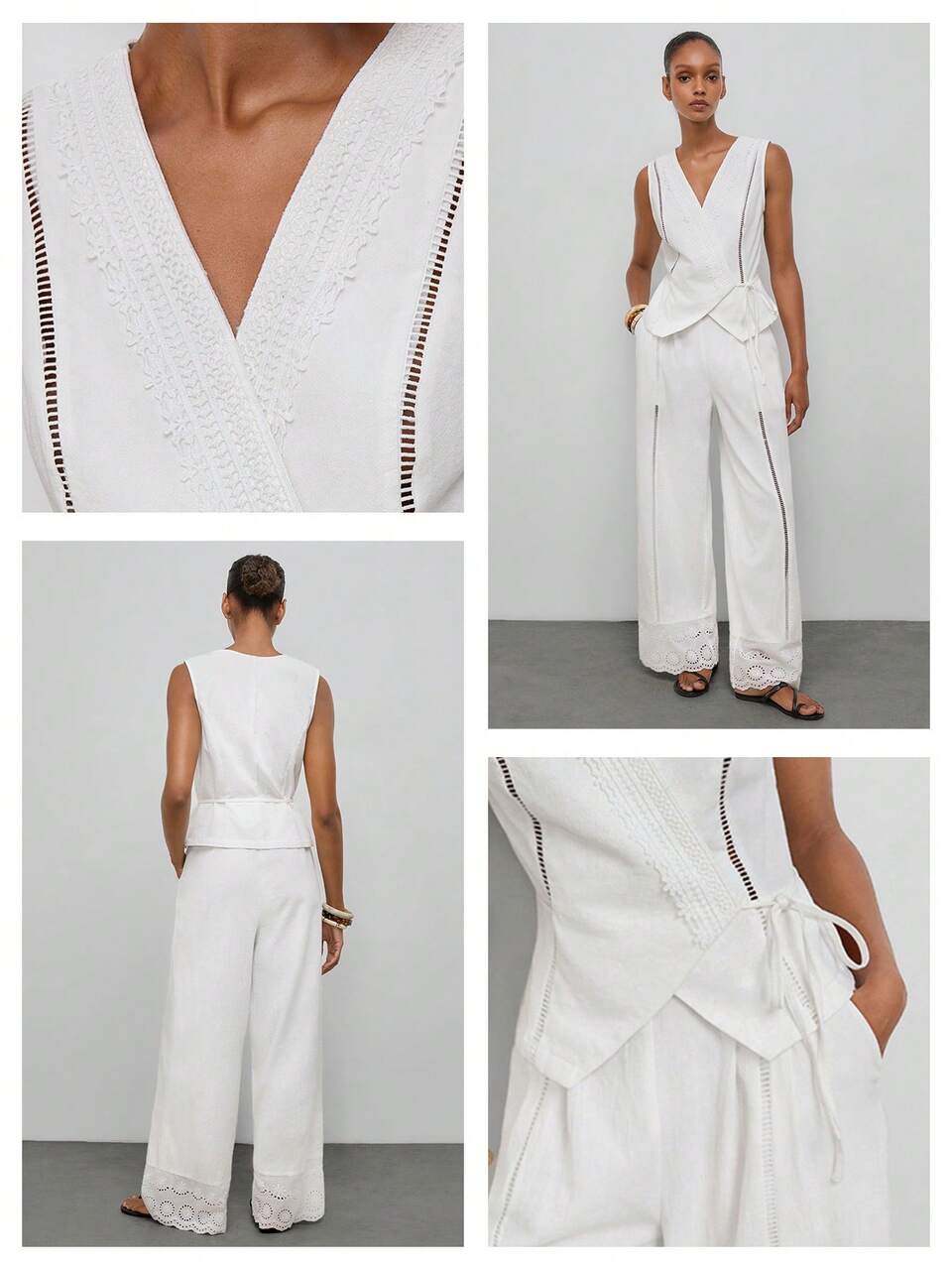 SHEIN Maija White Summer Women's 2-Piece Set Embroidered Lace Patchwork V-Neck Wrap Tie Sleeveless Top And Loose Wide Leg Long Pants