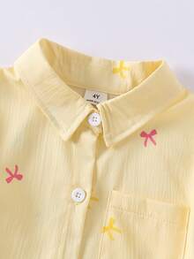 SHEIN Playful Pals YOUNG GIRLS 返校季黃色彩色蝴蝶結印花長袖領口襯衫 學院風鈕扣上衣 紋理童裝 秋季單件 - 黃色 - 查看 7