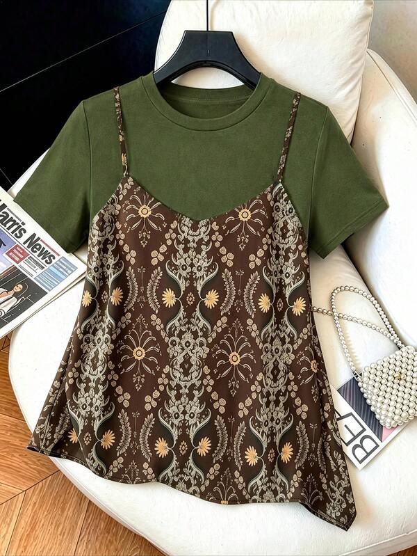 GlowEve CURVE Áo thun nữ big size tay ngắn 2 trong 1 phong cách vintage xuân hè, áo camisole phối patchwork in họa tiết màu xanh quân đội kiểu layer, tôn dáng, thời trang thường ngày cho nữ big size