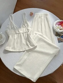 SHEIN Unity Conjunto de pantalones anchos versátiles para vacaciones y uso diario con tela texturizada, patchwork y ribete de encaje estilo Y2K - Albaricoque - Ver 2