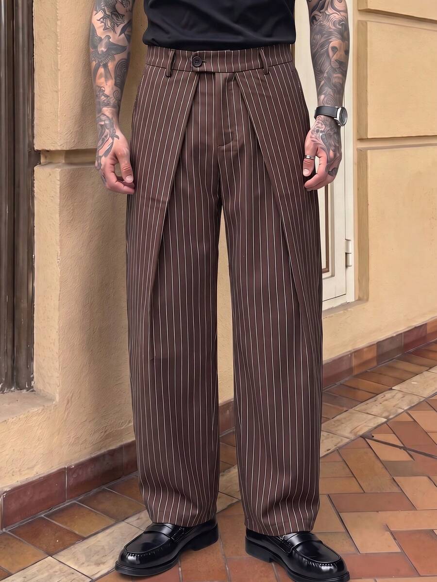 HIMLAND 男士條紋百褶休閒百搭日常穿著長褲 - 咖啡棕 - 查看 1