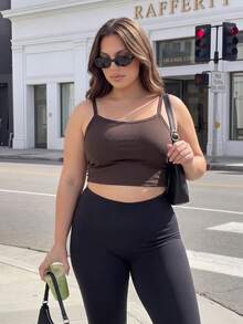 Gameset SHEIN Sport Women's Plus Size Solid Color Ribbed Daily Fitness Sports Tank Top - Brown - View 3
