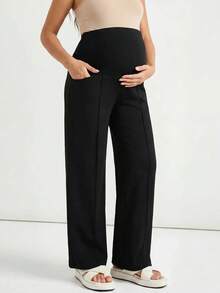 SHEIN Legging Santai Hamil Warna Polos dengan Pinggang yang Dapat Diatur - Hitam - View 3