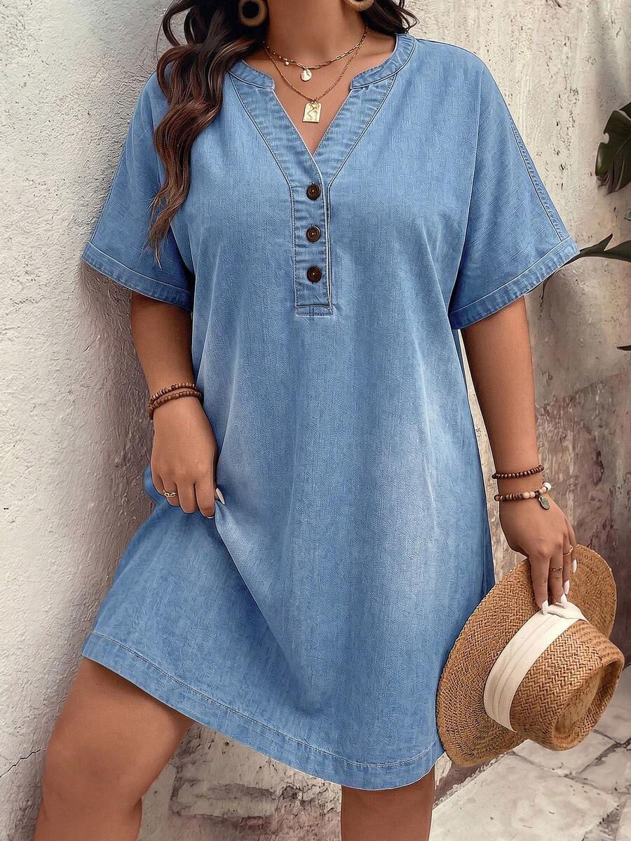 SHEIN EMERY ROSE CURVE 大尺碼女款缺口V領短袖半開襟鈕扣休閒牛仔洋裝 秋季