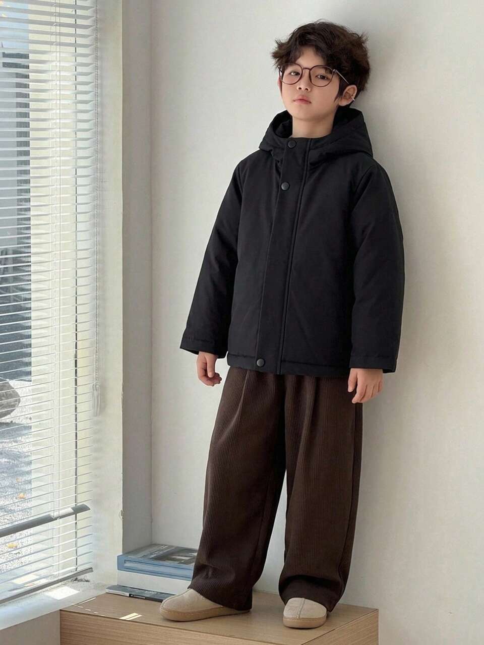 Young Boy Solid Color Hooded Zip-Up Fashion Versatile Winter Padded Coat