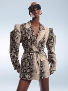 Aveloria GENKIRA Spring/Summer/Autumn Transitional Coffee-Tone Python Animal Print Oversized Wide 3D Cut Minimalist Design Cinched Waist With Adjustable Tie Belt Casual Commute Mix & Match Versatile Women's Blazer Y2K Futuristic Minimalist Punk Modern Avant-Garde Retro - Multicolor - View 1