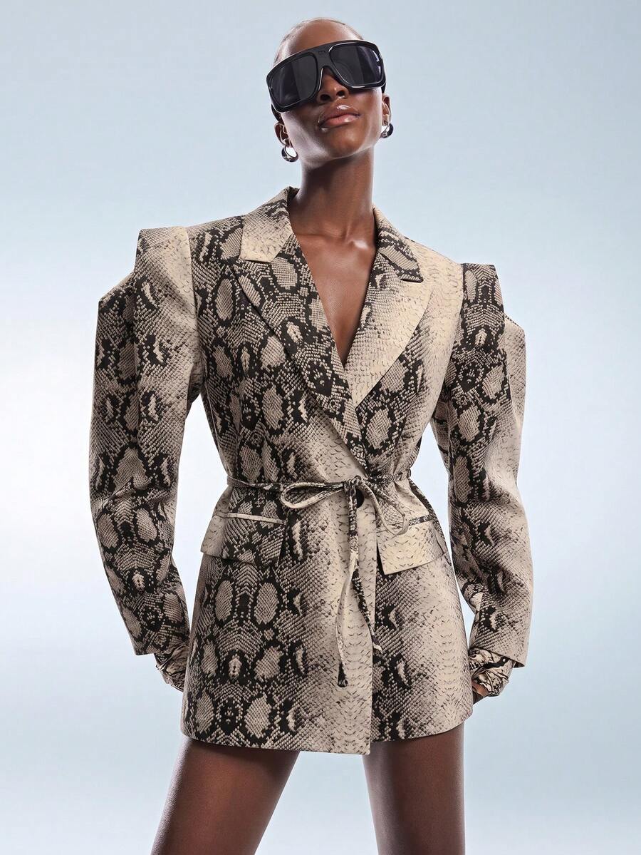 Aveloria GENKIRA Spring/Summer/Autumn Transitional Coffee-Tone Python Animal Print Oversized Wide 3D Cut Minimalist Design Cinched Waist With Adjustable Tie Belt Casual Commute Mix & Match Versatile Women's Blazer Y2K Futuristic Minimalist Punk Modern Avant-Garde Retro - Multicolor - View 1
