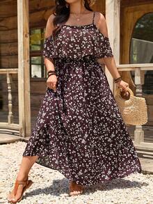 SHEIN LUNE Plus Size Vacation Casual Ditsy Floral Off-Shoulder Spaghetti Strap Dress Beach Vacation White - Multicolor - View 6