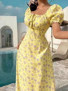 K-Vae Korean Style Orange Floral Puff-Sleeve Maxi Dress Women's Square Neck Ruched Slim-Fit Long Dress Sweet Vacation Summer Daily Streetwear - Pale Yellow - View 3
