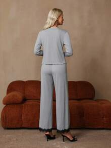 HautHeat Women's Lace Patchwork Camisole & Long Pants & Long Sleeve Top Loungewear Set - Light Grey - View 2
