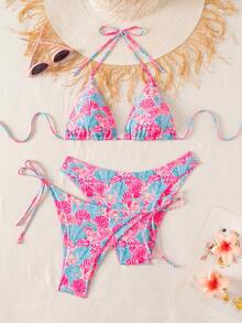 SHEIN Swim 2025夏季海灘度假女款純色掛脖綁背上衣 + 打結三角比基尼上衣 + 褲頭 3件套 嬰兒粉 熱帶性感 - 彩色 - 查看 1