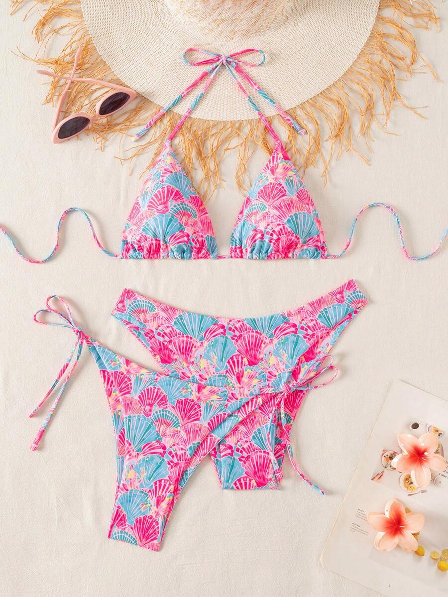 SHEIN Swim 2025夏季海灘度假女款純色掛脖綁背上衣 + 打結三角比基尼上衣 + 褲頭 3件套 嬰兒粉 熱帶性感 - 彩色 - 查看 1