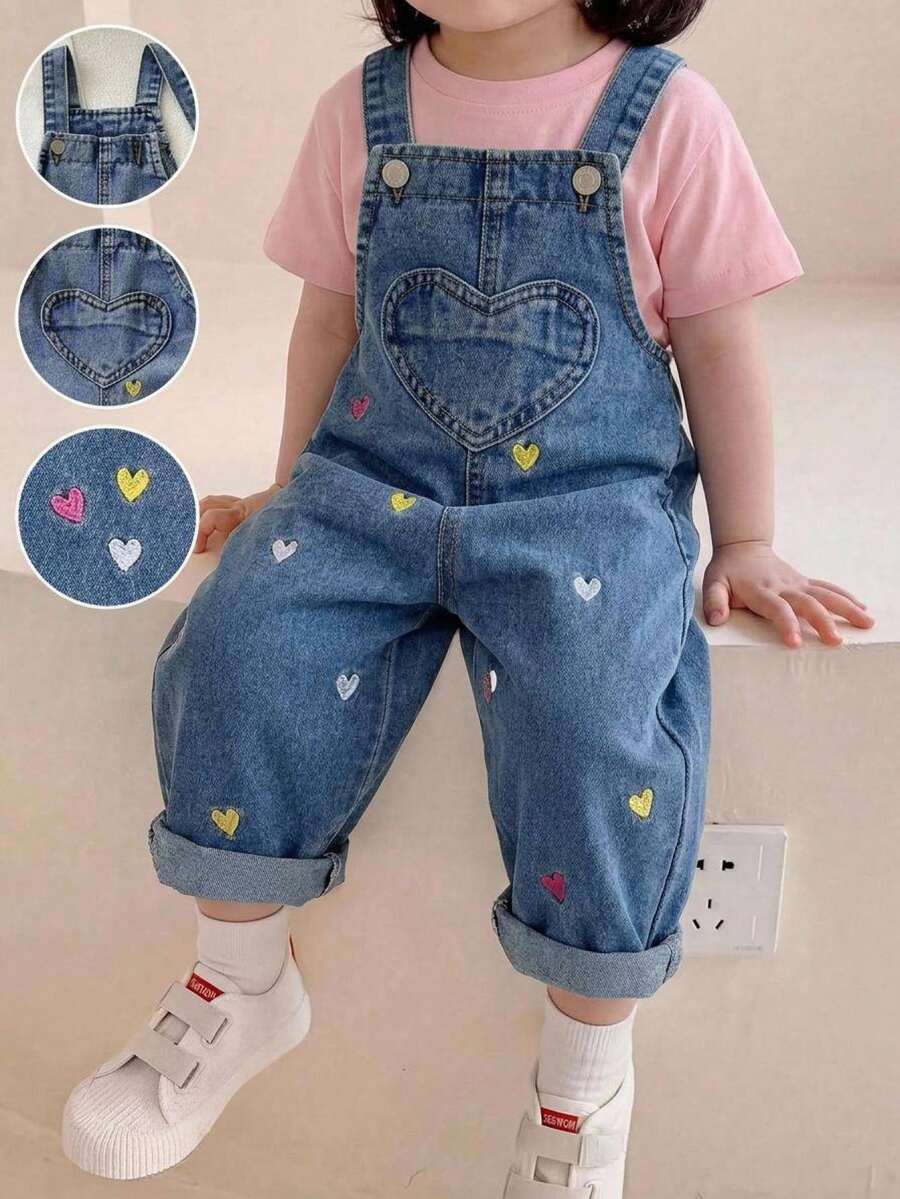 SHEIN 女嬰彩色愛心刺繡圖案藍色牛仔寬鬆吊帶褲錐形長褲 - 中等水洗藍 - 查看 1
