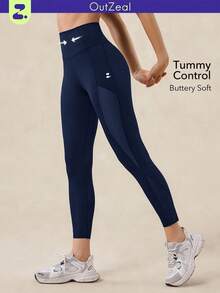 OutZeal Women Outdoor Blue Leggings Solid Color Running Gym Yoga Quick-Dry Tummy Control High Waist Mesh Panel Spors Pants Summer Spring - Navy Blue - View 1