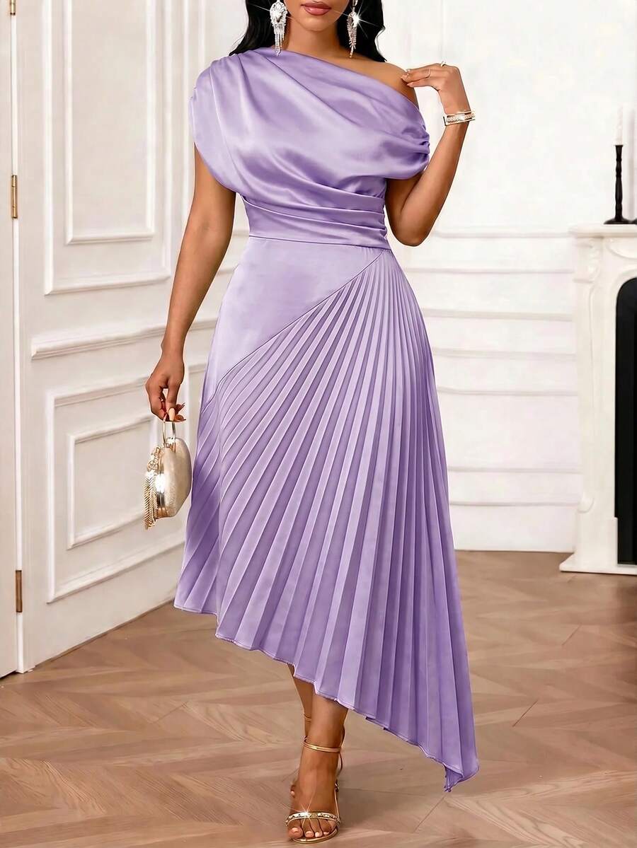 SHEIN Lady 女款時尚百搭不對稱百褶拼接荷葉邊裙 - 紫色 - 查看 1