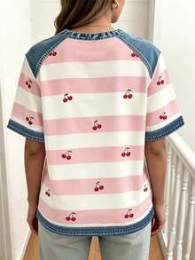 EMERY ROSE Camiseta casual versátil de mujer con cuello redondo, manga corta y diseño de rayas y patchwork - Multicolor - Ver 2