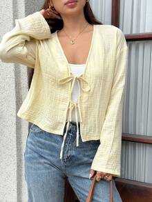 Serisse Women's Versatile Solid Color Textured Fall Business Casual 100% Cotton Tie Front Elegant Open Front Cardigan Work Blouse,Basic Long Sleeve Shirt - Light Yellow - View 10