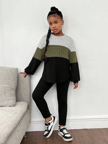SHEIN Tween Girls Casual Colorblock Ribbed Long Sleeve Top And Pants 2 Pieces Set - Green - View 5