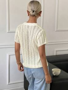 DAZY 女款純色鏤空V領休閒度假輕量針織毛衣上衣，夏季度假米白色校園風 - 米色 - 查看 5
