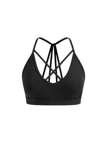 SHEIN Cheerettes 女款純色交叉背帶日常健身運動內衣 - 黑色 - 查看 3