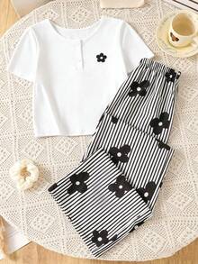 SHEIN Tween Girls Floral Print Wide Leg Pants Half Button Short Sleeve Tee Two Pieces Set Back To School - White - View 3