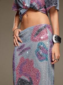 BAD SUNDAY Women's Long Skirt With Sequin Pattern, All Season, Y2K Millennium Style, Cool, Vacation Streetwear - Multicolor - View 6