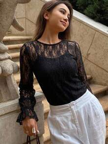 FRIFUL Women's Apricot Loose Sheer Lace Camisole With Flare Sleeves, Spring/Summer Going Out Tops Long Sleeve Tops - Black - View 1
